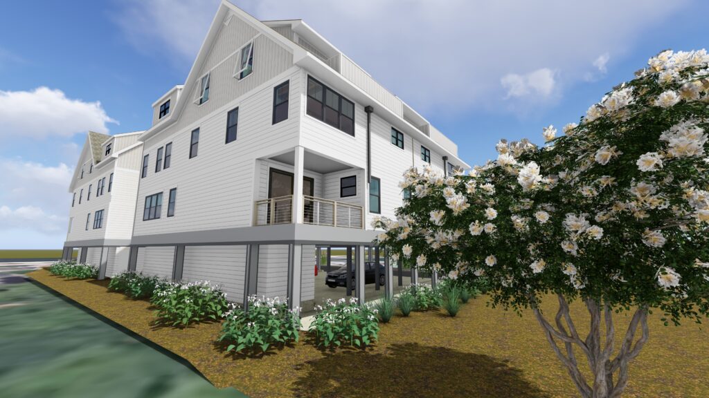 Sunset Terrace Condominum Rendering of Luxury Condo unit with porch and Solomons Island waterfront views.