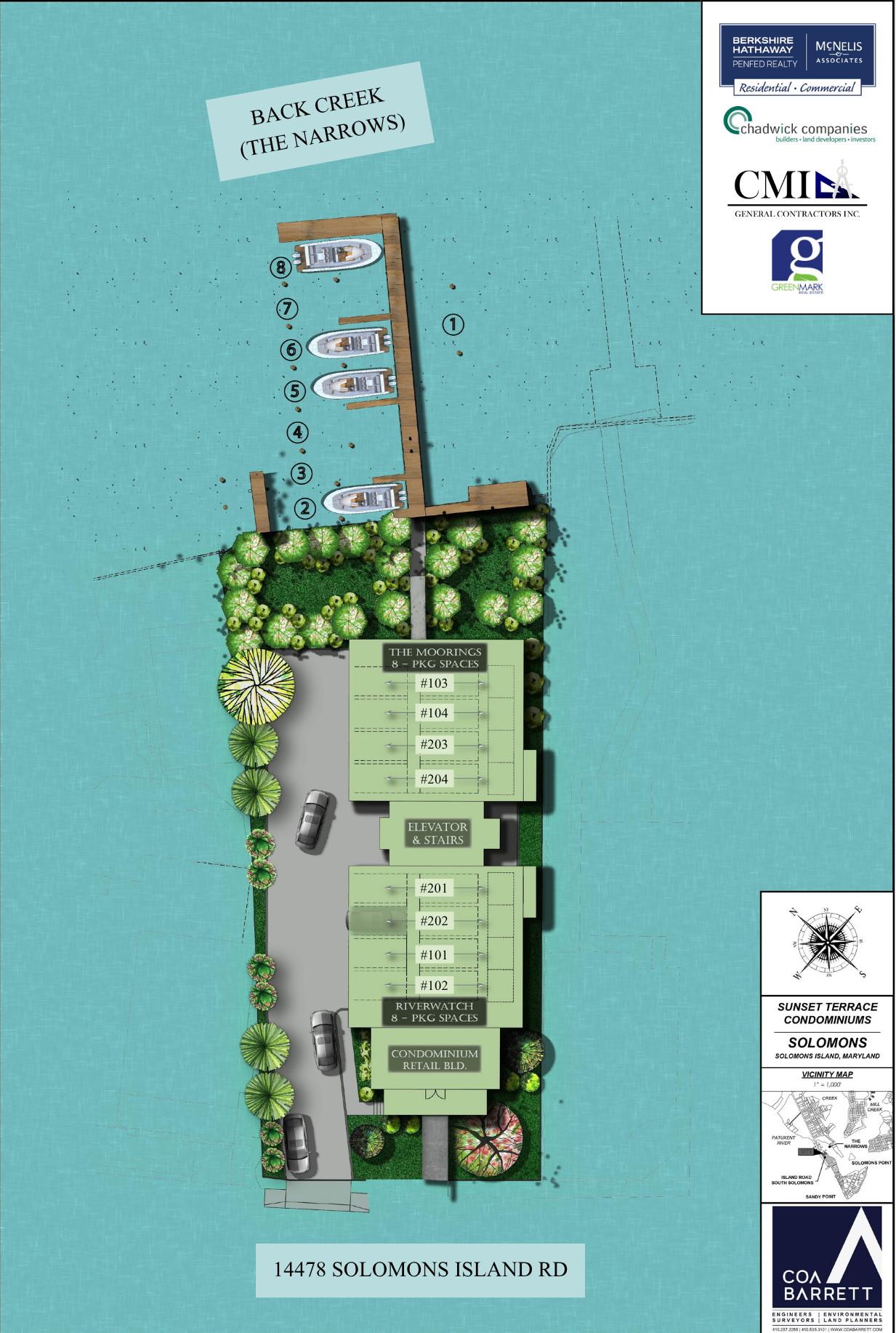 Site plan diagram for Sunset Terrace Condominiums at 14478 Solomons Island Road. The layout details two residential buildings, "The Moorings" and "Riverwatch," connected by a central elevator and stairs, along with a ground-floor retail building. A multi-slip pier with numbered boat slips extends north into Back Creek (The Narrows), and a paved parking lane borders landscaped trees and green space.