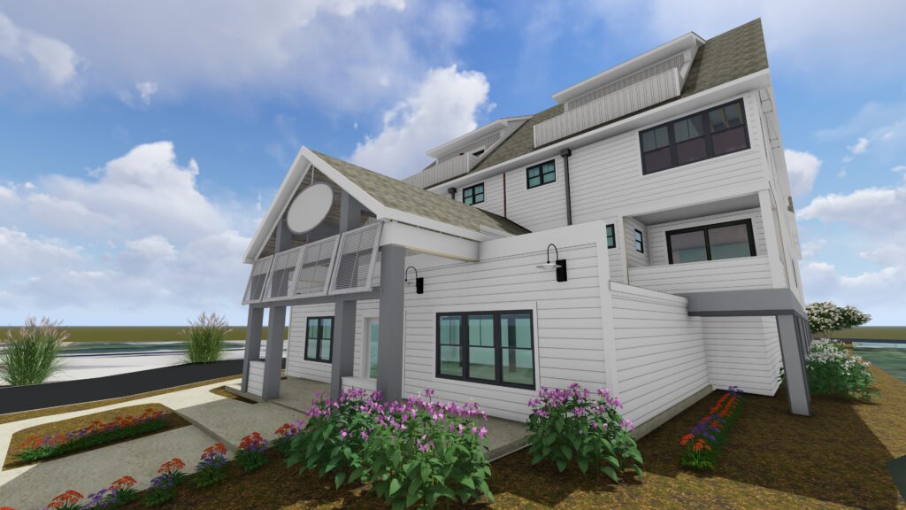 Architectural rendering of the 'Sunset Terrace' luxury condo building, featuring white siding, grey columns, covered balconies with shutters, multiple tiers, and landscaped flower beds under a blue sky with clouds.